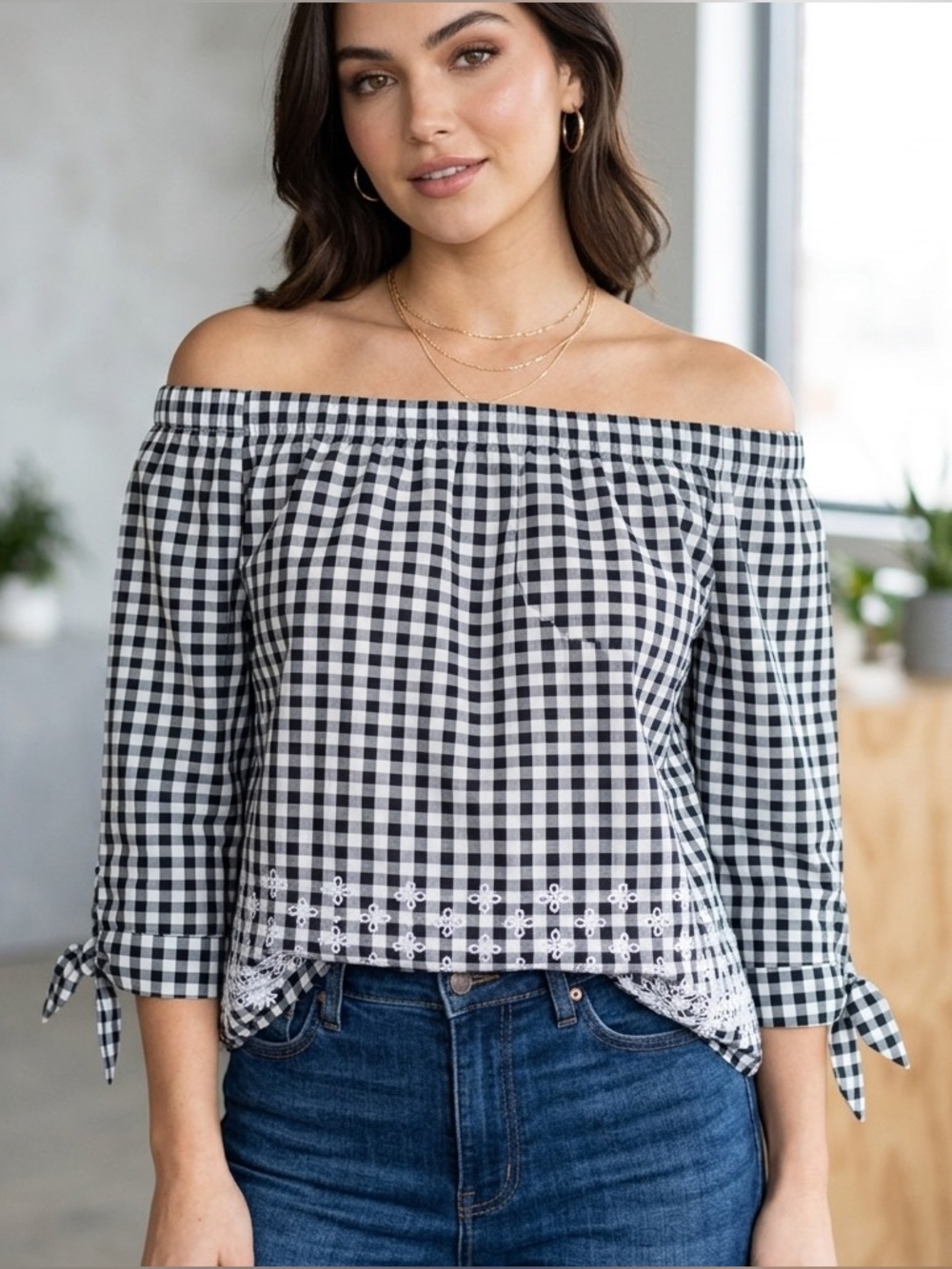 Charlie Paige Black and White Gingham Off-Shoulder Blouse, Size Medium, Eyelets